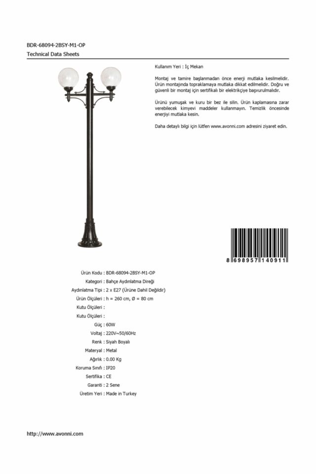 Bahçe Direkleri E27 24W 80cm Alüminyum Siyah Dorbien-BDR-68094-2BSY-M1-OP
