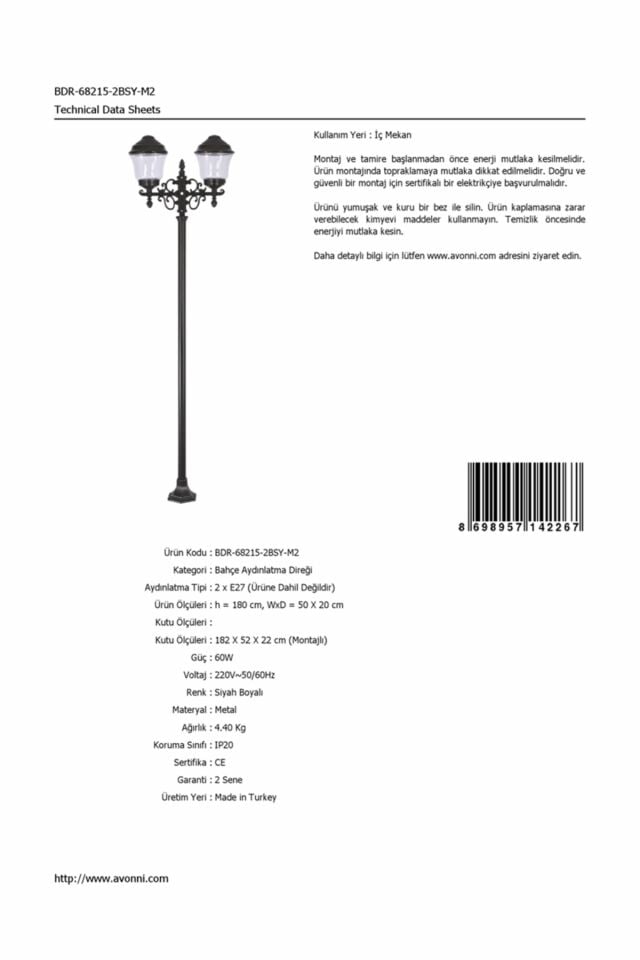 Bahçe Direkleri E27 24W 50x20cm Çelik Boru Siyah Dorbien-BDR-68215-2BSY-M2