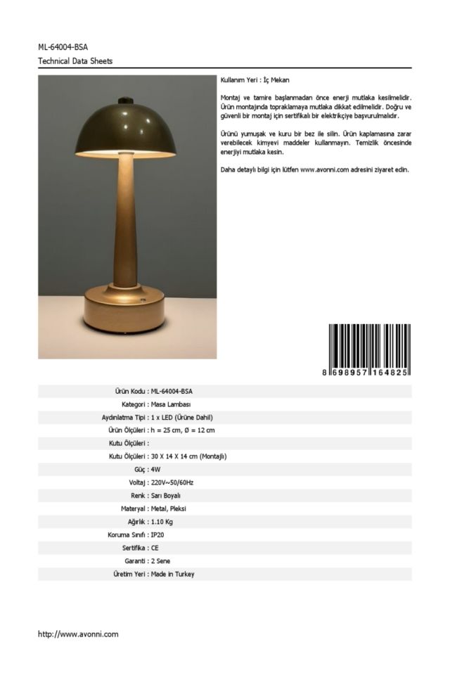 Dark Forest Çalışma Masası Lambası LED 3W 12cm Metal Sarı Avonni-ML-64004-BSA