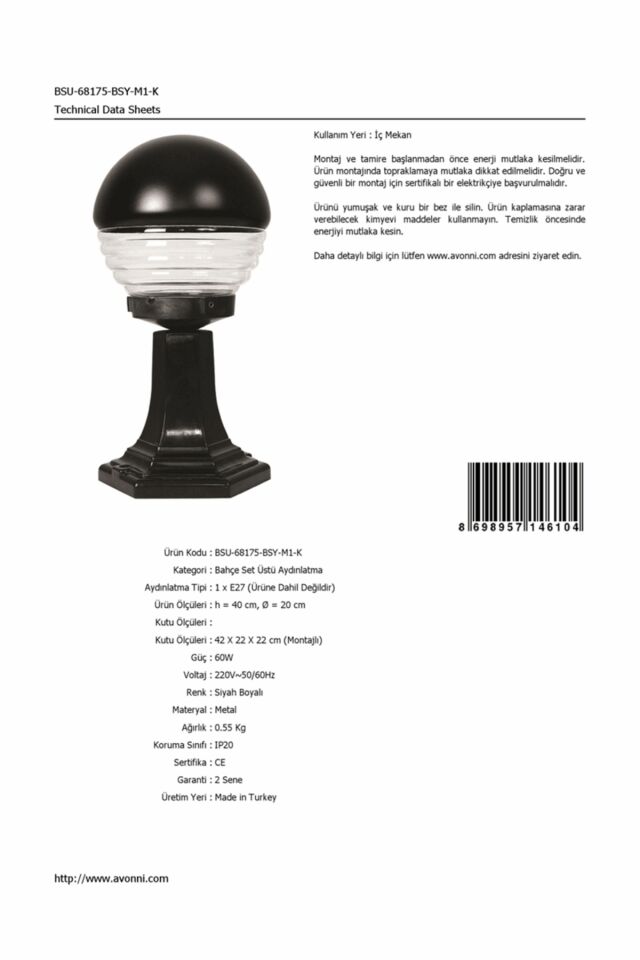 Bahçe Set Üstü Aydınlatma E27 12W 20cm ABS Siyah Dorbien-BSU-68175-BSY-M1-K