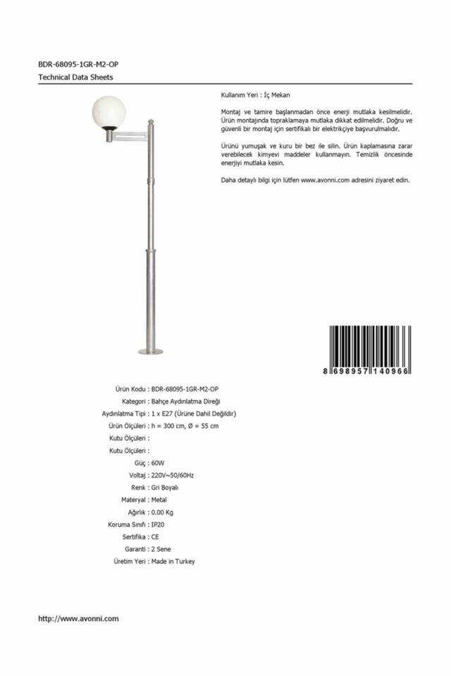 Bahçe Direkleri E27 12W 55cm Metal Gri Dorbien-BDR-68095-1GR-M2-OP