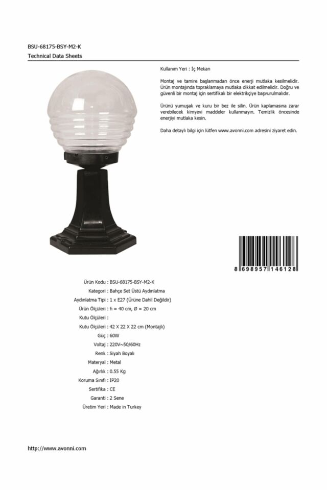 Bahçe Set Üstü Aydınlatma E27 12W 20cm ABS Siyah Dorbien-BSU-68175-BSY-M2-K