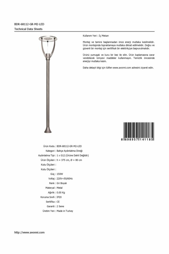 Bahçe Direkleri G12 150W 80cm Çelik Boru Gri Dorbien-BDR-68112-GR-M2-LED