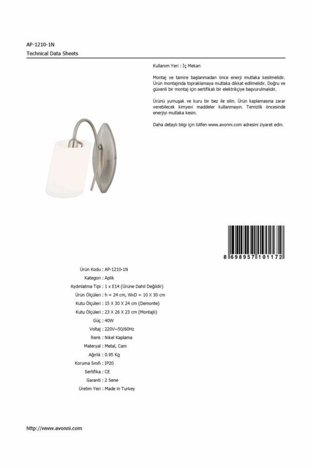 Sima Aplik E14 6W 10x30cm Metal Nikel Avonni-AP-1210-1N