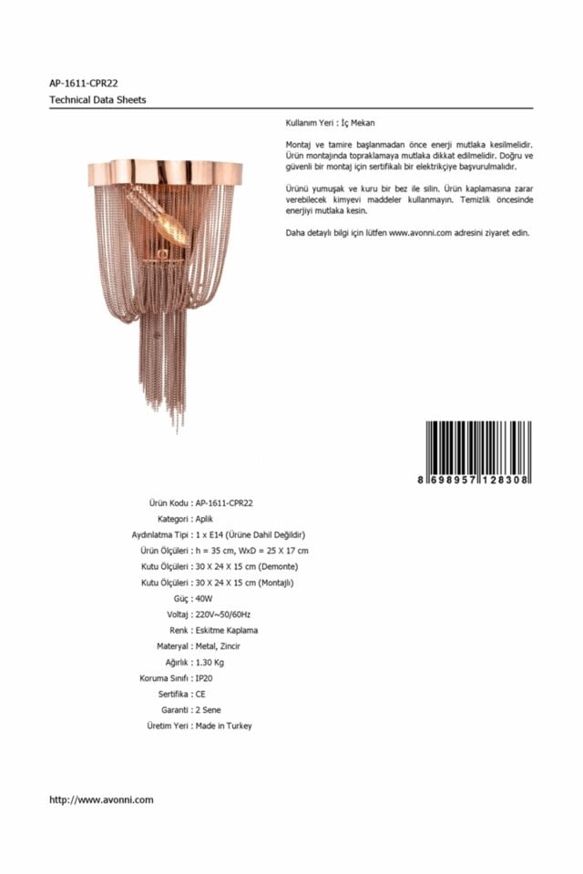 Dilruba Aplik E14 6W 25x17cm Metal Bakır Avonni-AP-1611-CPR22