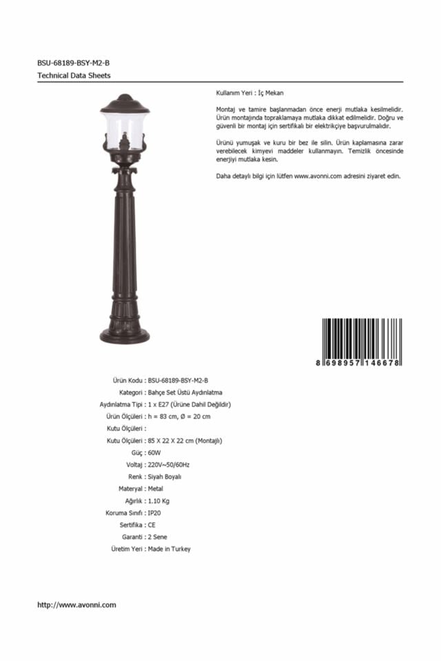 Bahçe Set Üstü Aydınlatma E27 12W 20cm ABS Siyah Dorbien-BSU-68189-BSY-M2-B