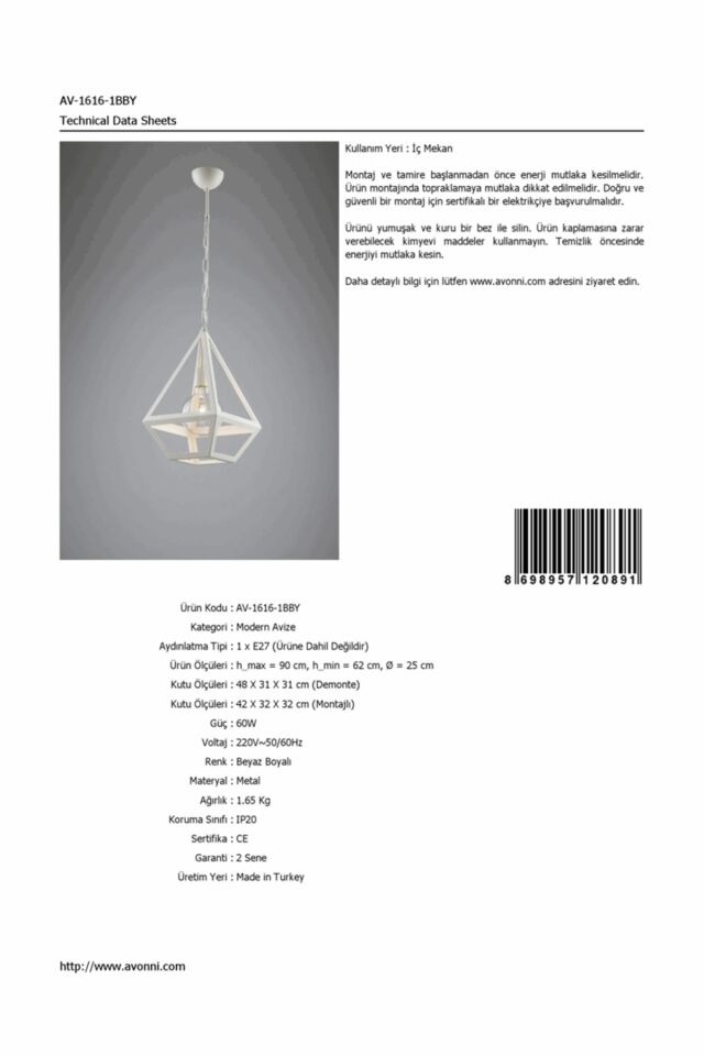 Vista Modern Avize E27 12W 25cm Metal Beyaz Avonni-AV-1616-1BBY