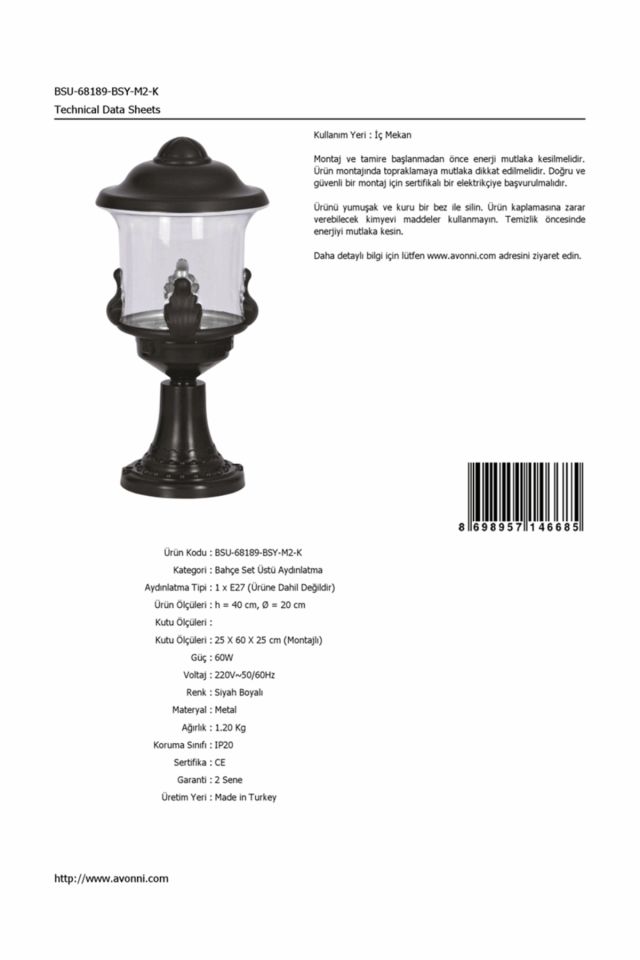 Bahçe Set Üstü Aydınlatma E27 12W 20cm ABS Siyah Dorbien-BSU-68189-BSY-M2-K