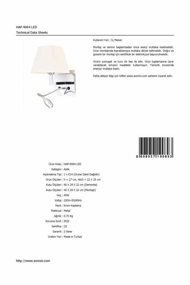 Hüda Aplik E14 6W 22x25cm Metal Krom Avonni-HAP-9064-LED