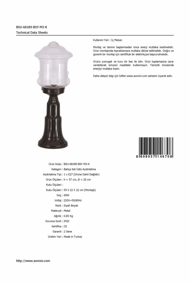 Bahçe Set Üstü Aydınlatma E27 12W 20cm ABS Siyah Dorbien-BSU-68189-BSY-M3-K
