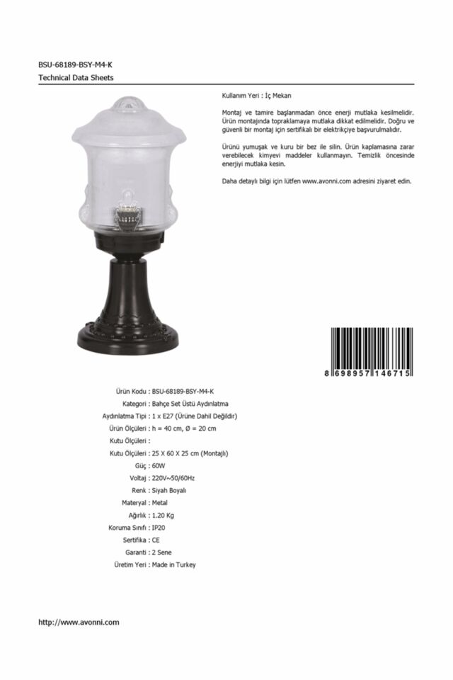 Bahçe Set Üstü Aydınlatma E27 12W 20cm ABS Siyah Dorbien-BSU-68189-BSY-M4-K