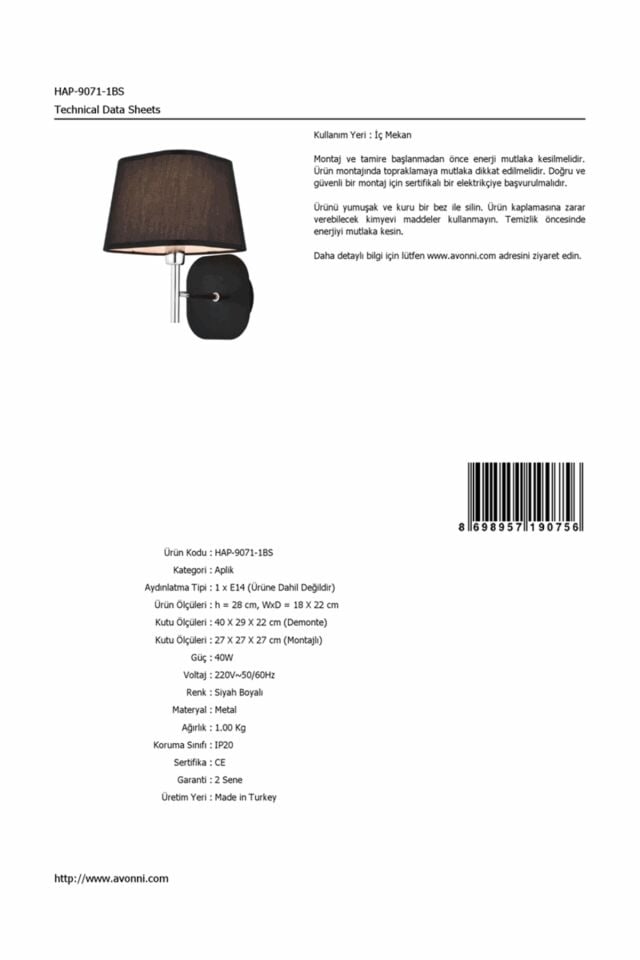 Riga Aplik E14 6W 18x22cm Metal Siyah Avonni-HAP-9071-1BS