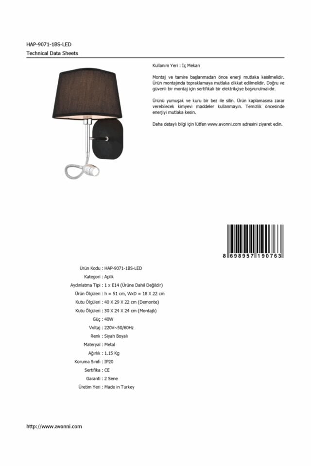 Riga Aplik E14 6W 18x22cm Metal Siyah Avonni-HAP-9071-1BS-LED