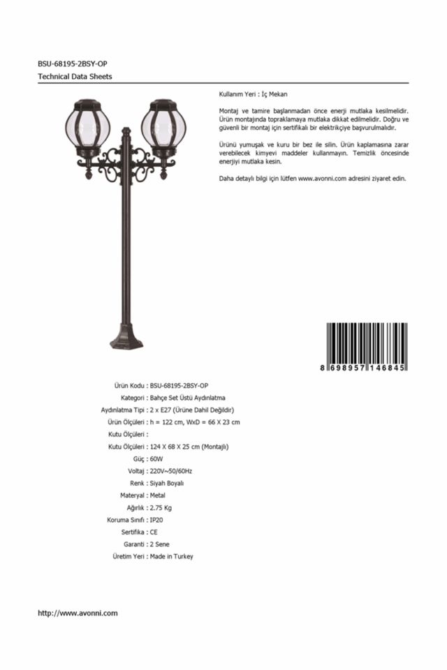 Bahçe Set Üstü Aydınlatma E27 24W 66x23cm Metal Siyah Dorbien-BSU-68195-2BSY-OP
