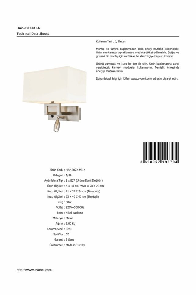 Atlanta Aplik E27 12W 28x20cm Metal Nikel Avonni-HAP-9072-M3-N
