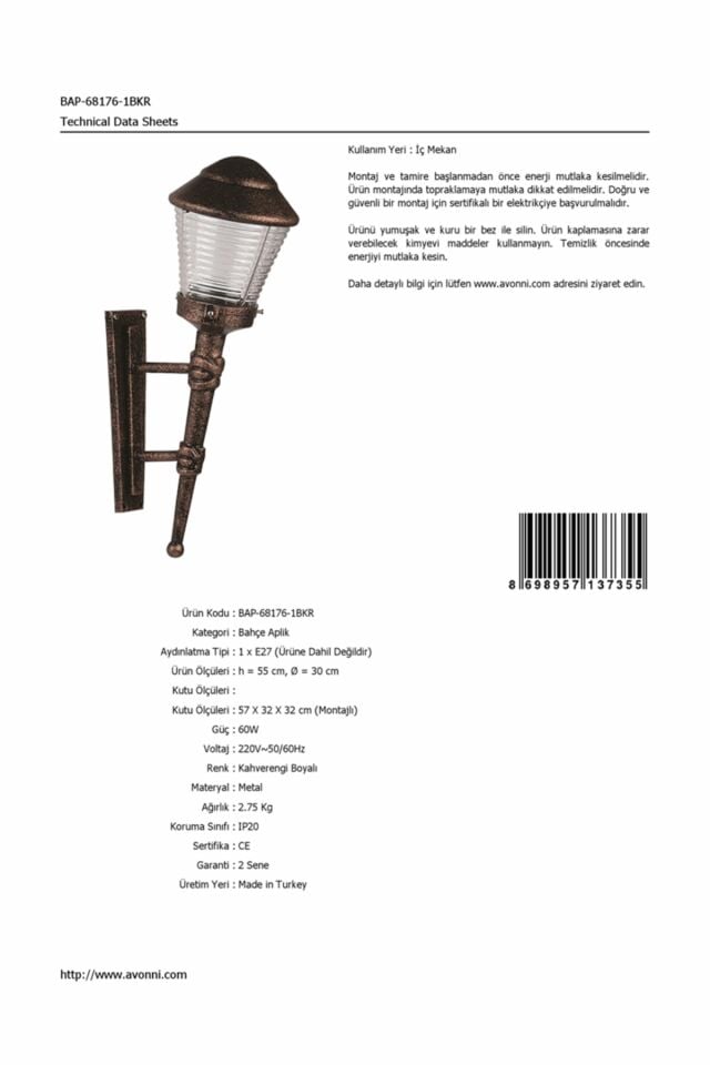 Bahçe Aplik E27 12W 30cm Alüminyum Kahverengi Dorbien-BAP-68176-1BKR