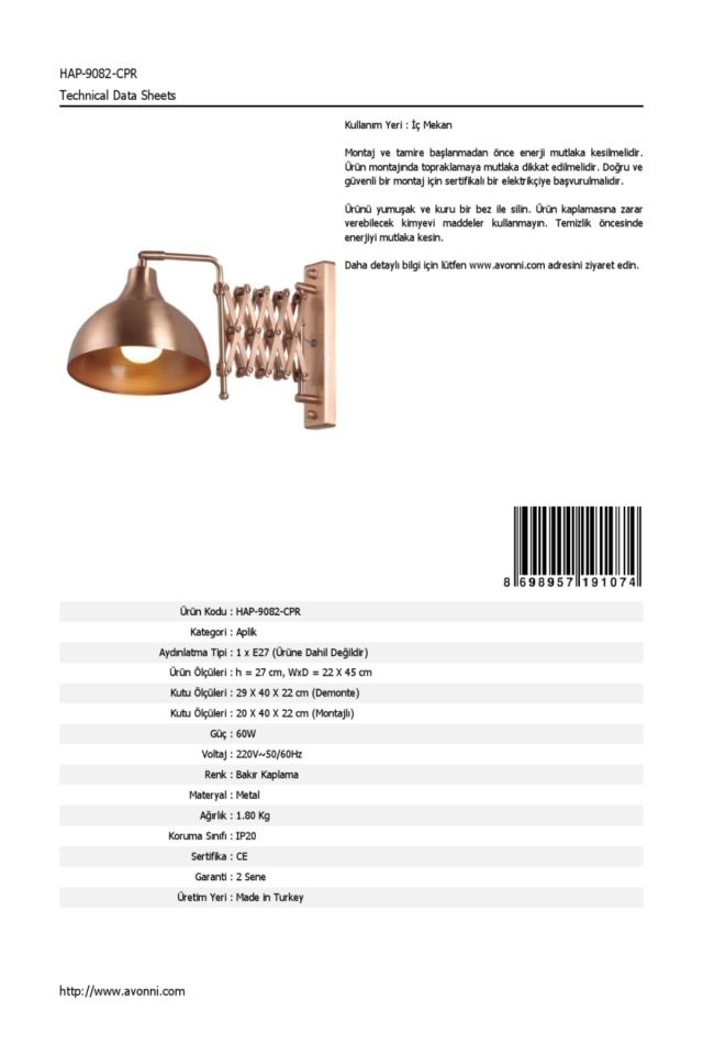 Baha Aplik E27 12W 22x45cm Metal Bakır Avonni-HAP-9082-CPR