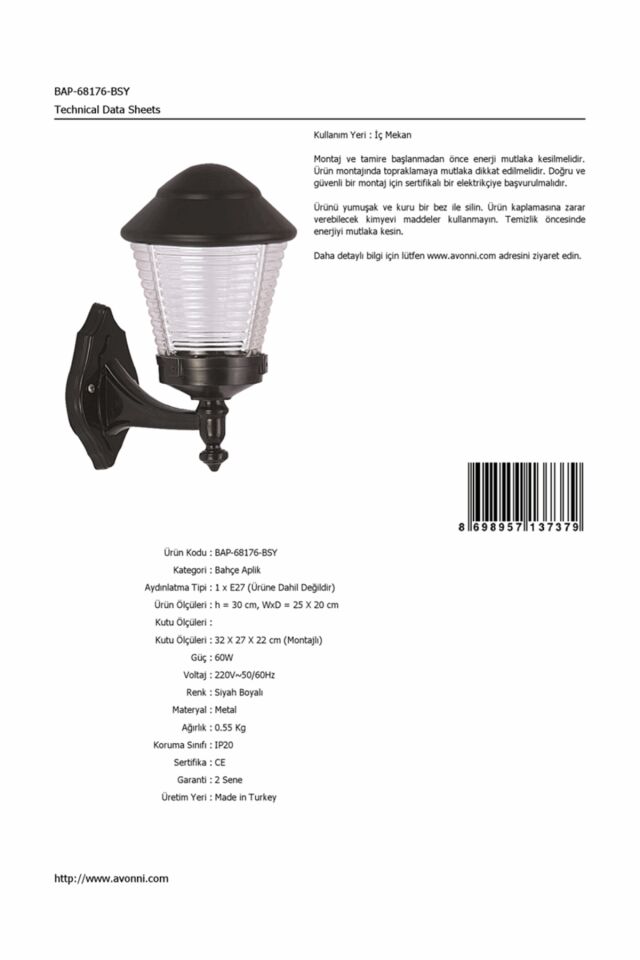Bahçe Aplik E27 12W 25x20cm Alüminyum Siyah Dorbien-BAP-68176-BSY