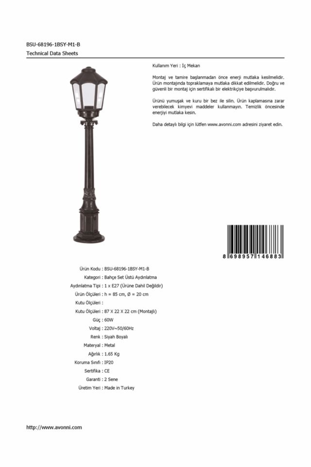Bahçe Set Üstü Aydınlatma E27 12W 20cm ABS Siyah Dorbien-BSU-68196-1BSY-M1-B