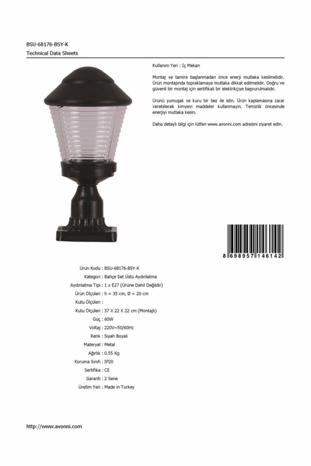 Bahçe Set Üstü Aydınlatma E27 12W 20cm ABS Siyah Dorbien-BSU-68176-BSY-K