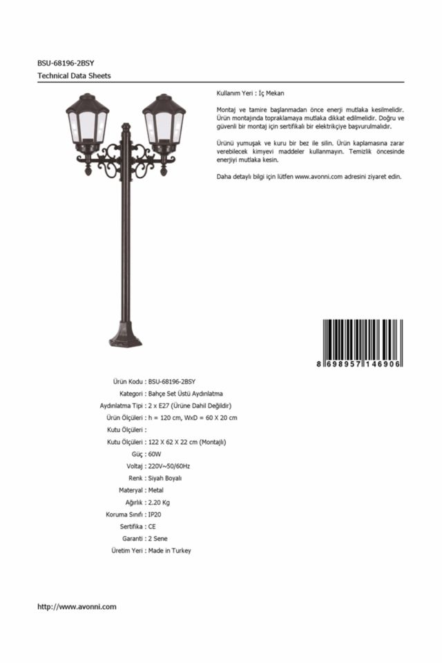 Bahçe Set Üstü Aydınlatma E27 24W 60x20cm Metal Siyah Dorbien-BSU-68196-2BSY