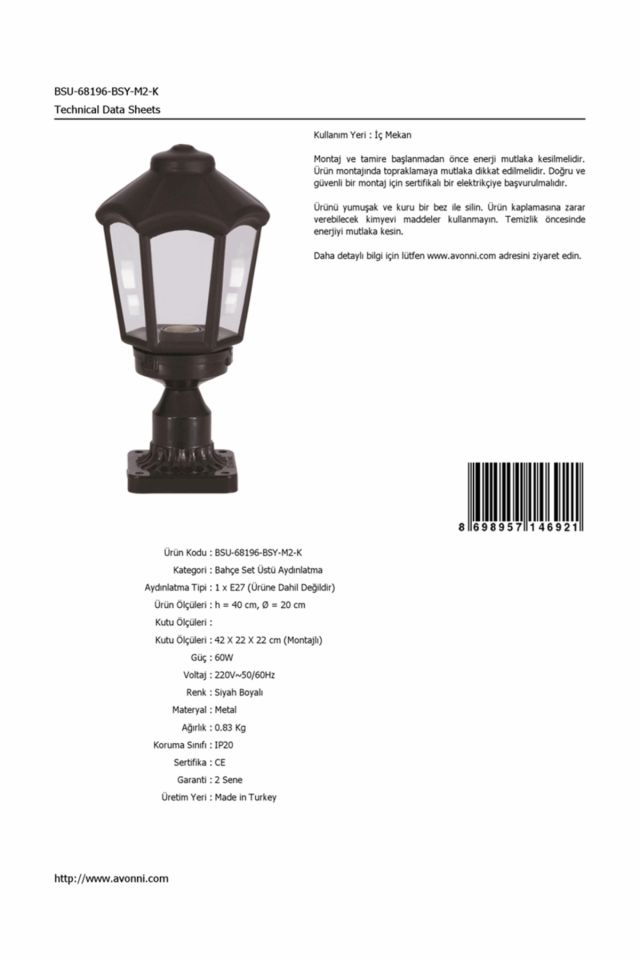 Bahçe Set Üstü Aydınlatma E27 12W 20cm ABS Siyah Dorbien-BSU-68196-BSY-M2-K