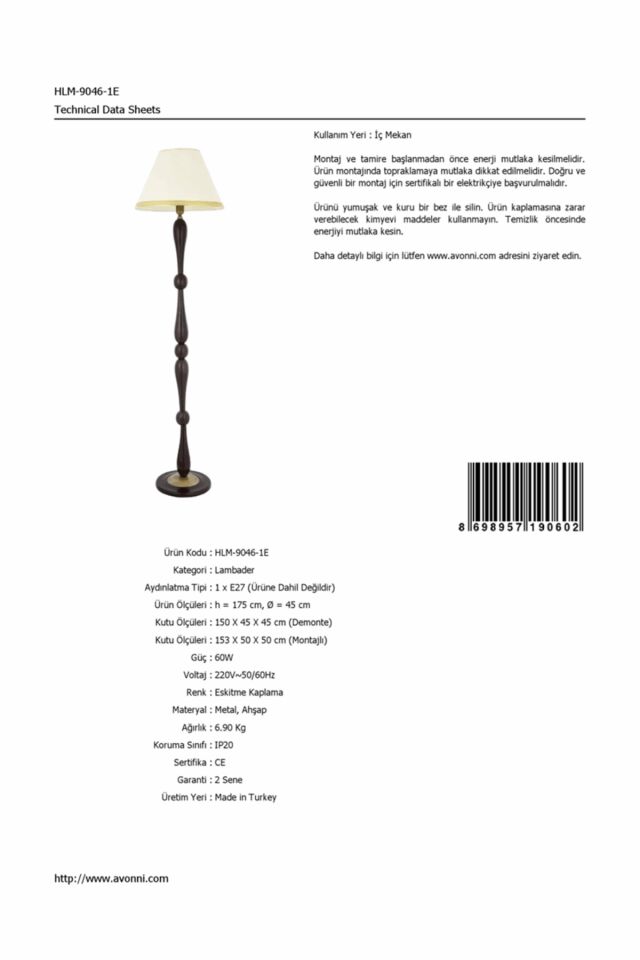 Hülya Lambader E27 12W 45cm Metal Eskitme Avonni-HLM-9046-1E