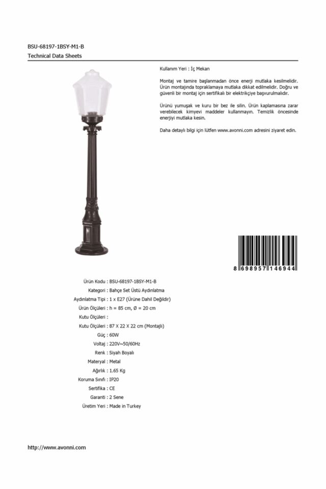 Bahçe Set Üstü Aydınlatma E27 12W 20cm ABS Siyah Dorbien-BSU-68197-1BSY-M1-B