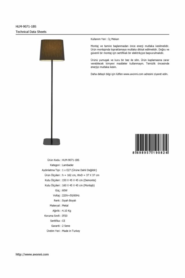 Riga Lambader E27 12W 37x37cm Metal Siyah Avonni-HLM-9071-1BS