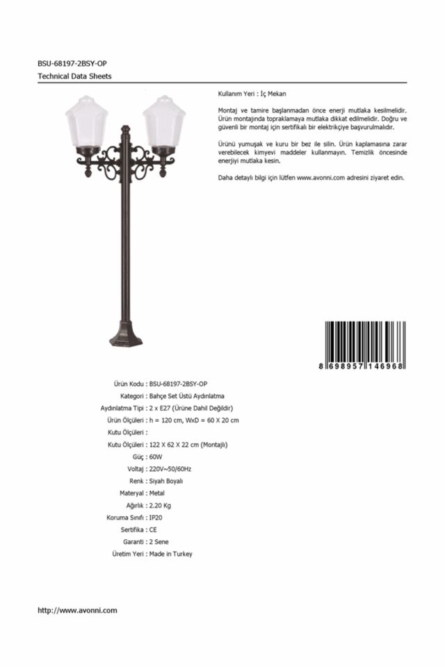 Bahçe Set Üstü Aydınlatma E27 24W 60x20cm Metal Siyah Dorbien-BSU-68197-2BSY-OP