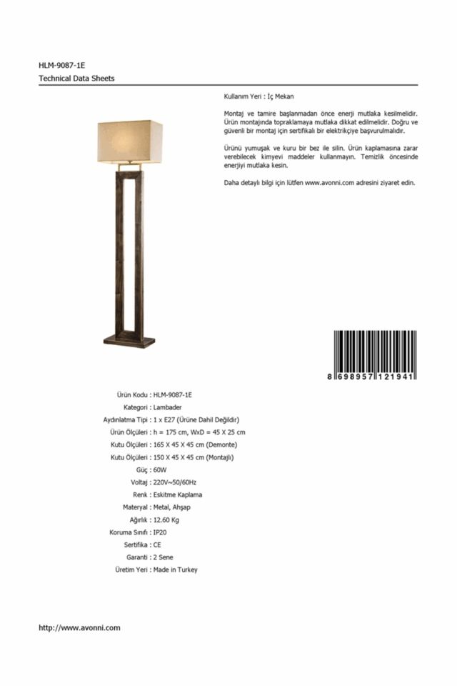 Arya Lambader E27 12W 45x25cm Metal Eskitme Avonni-HLM-9087-1E