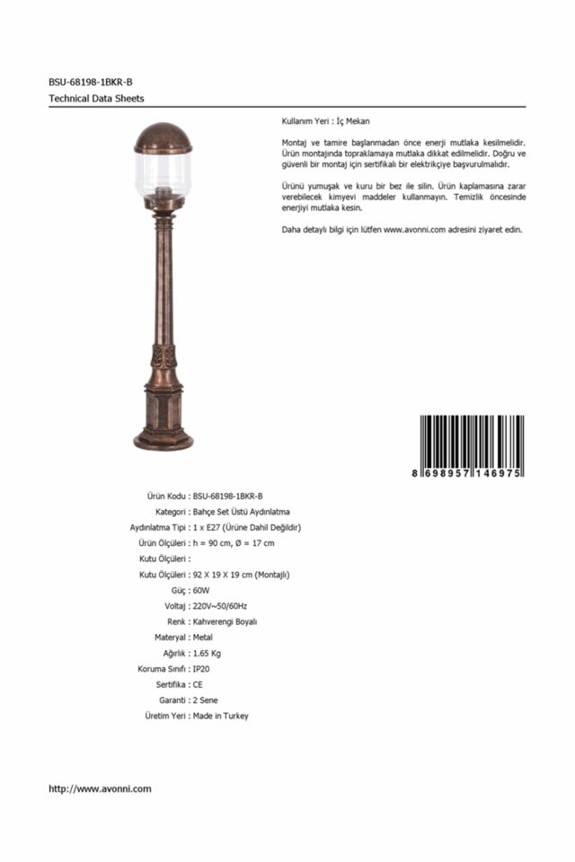 Bahçe Set Üstü Aydınlatma E27 12W 17cm ABS Kahverengi Dorbien-BSU-68198-1BKR-B