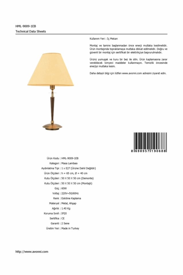 Feyza Abajur E27 12W 40cm Metal Eskitme Avonni-HML-9009-1EB