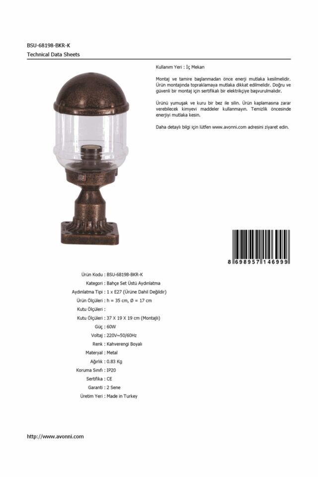 Bahçe Set Üstü Aydınlatma E27 12W 17cm ABS Kahverengi Dorbien-BSU-68198-BKR-K