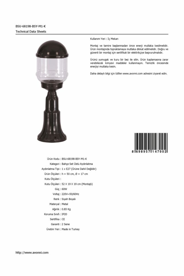 Bahçe Set Üstü Aydınlatma E27 12W 17cm ABS Siyah Dorbien-BSU-68198-BSY-M1-K