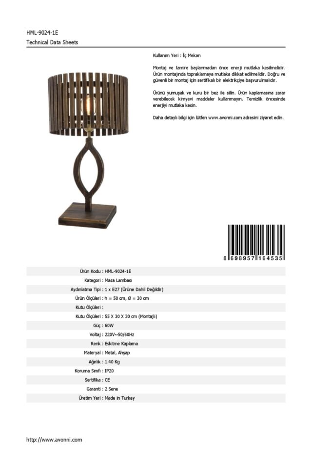 Lenzo Çalışma Masası Lambası E27 12W 30cm Metal Eskitme Avonni-HML-9024-1E