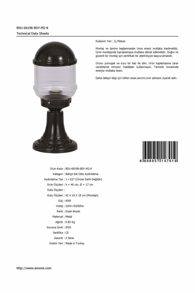 Bahçe Set Üstü Aydınlatma E27 12W 17cm ABS Siyah Dorbien-BSU-68198-BSY-M2-K