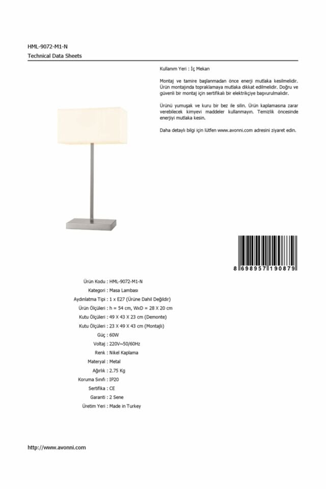 Atlanta Çalışma Masası Lambası E27 12W 28x20cm Metal Nikel Avonni-HML-9072-M1-N