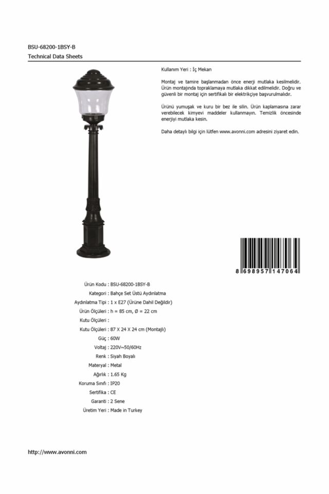 Bahçe Set Üstü Aydınlatma E27 12W 22cm ABS Siyah Dorbien-BSU-68200-1BSY-B