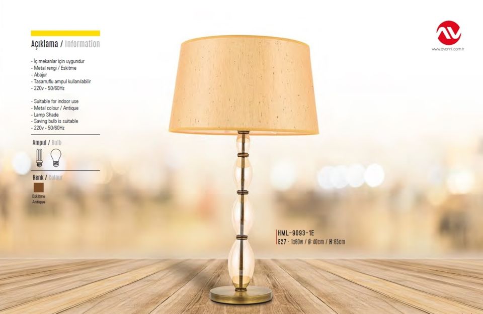 Seval Abajur E27 12W 40cm Metal Eskitme Avonni-HML-9093-1E