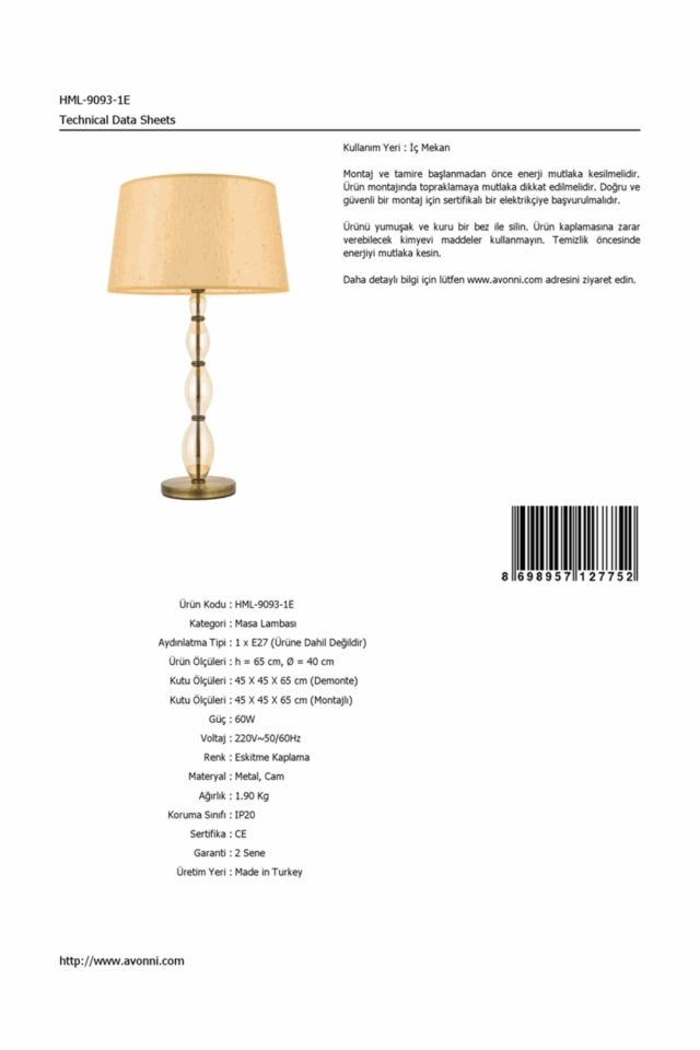 Seval Abajur E27 12W 40cm Metal Eskitme Avonni-HML-9093-1E