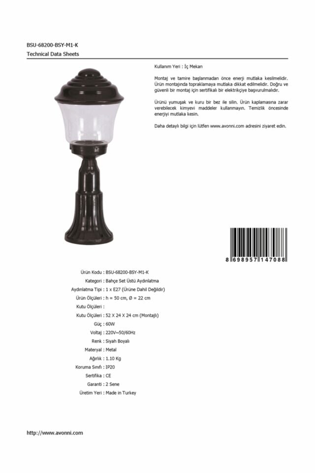 Bahçe Set Üstü Aydınlatma E27 12W 22cm ABS Siyah Dorbien-BSU-68200-BSY-M1-K