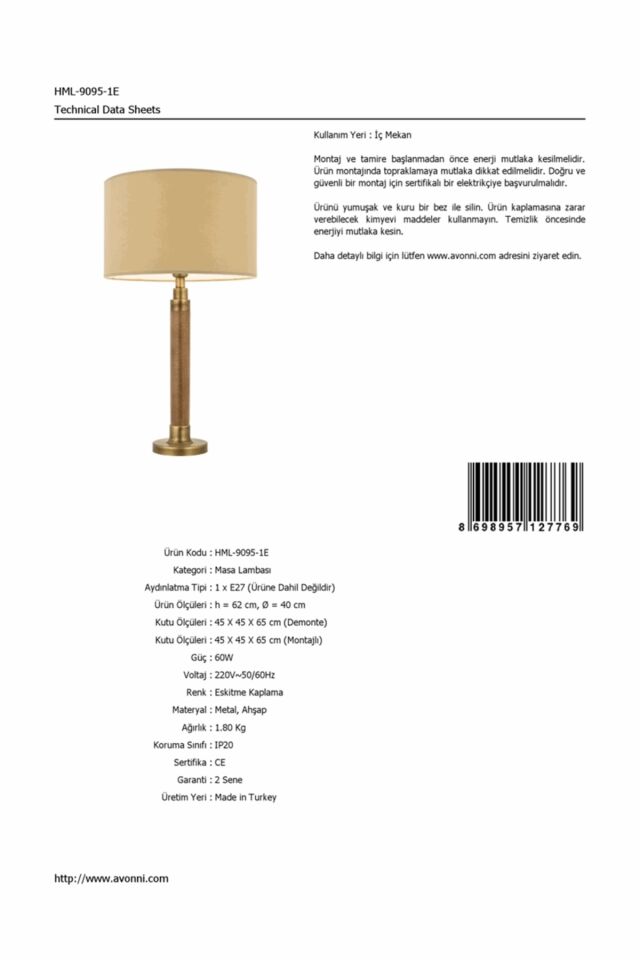 Pıerro Abajur E27 12W 40cm Metal Eskitme Avonni-HML-9095-1E