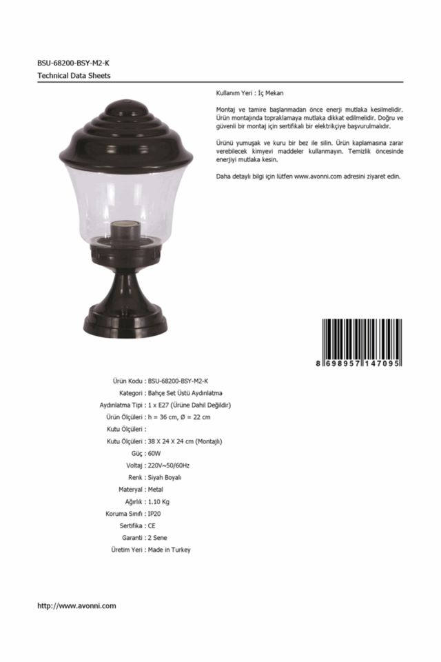 Bahçe Set Üstü Aydınlatma E27 12W 22cm ABS Siyah Dorbien-BSU-68200-BSY-M2-K