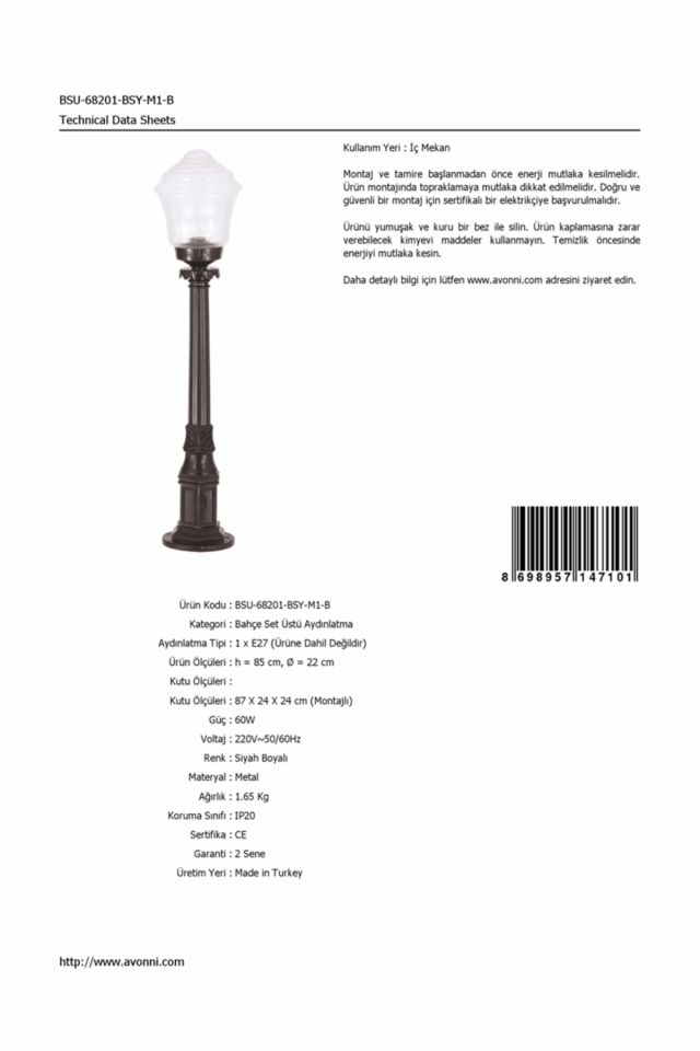 Bahçe Set Üstü Aydınlatma E27 12W 22cm ABS Siyah Dorbien-BSU-68201-BSY-M1-B