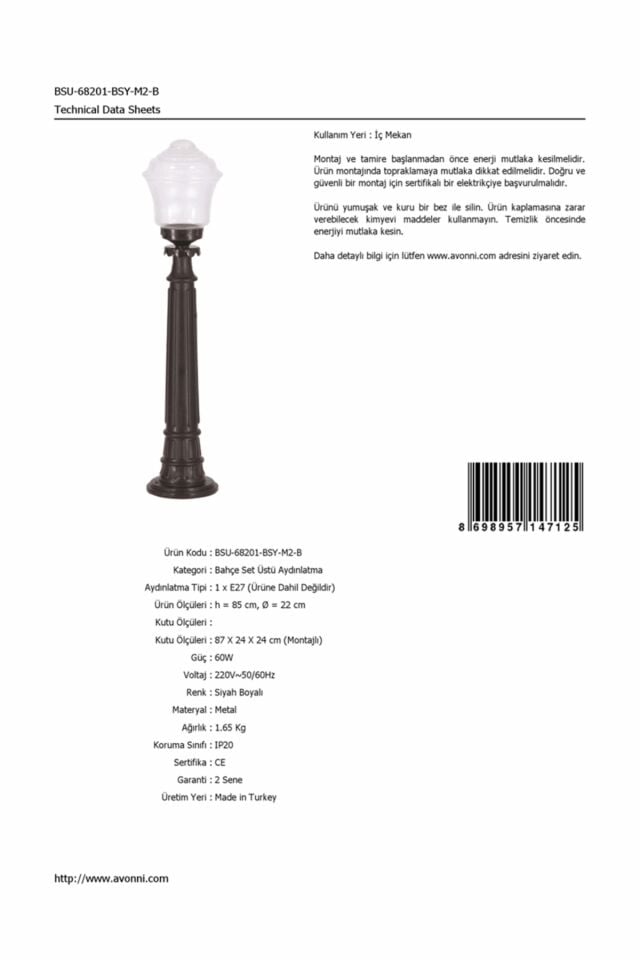 Bahçe Set Üstü Aydınlatma E27 12W 22cm ABS Siyah Dorbien-BSU-68201-BSY-M2-B