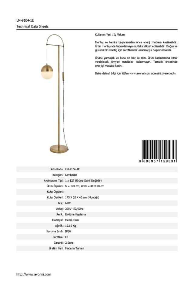 Richard Lambader E27 12W 40x20cm Metal Eskitme Dorbien-LM-9104-1E