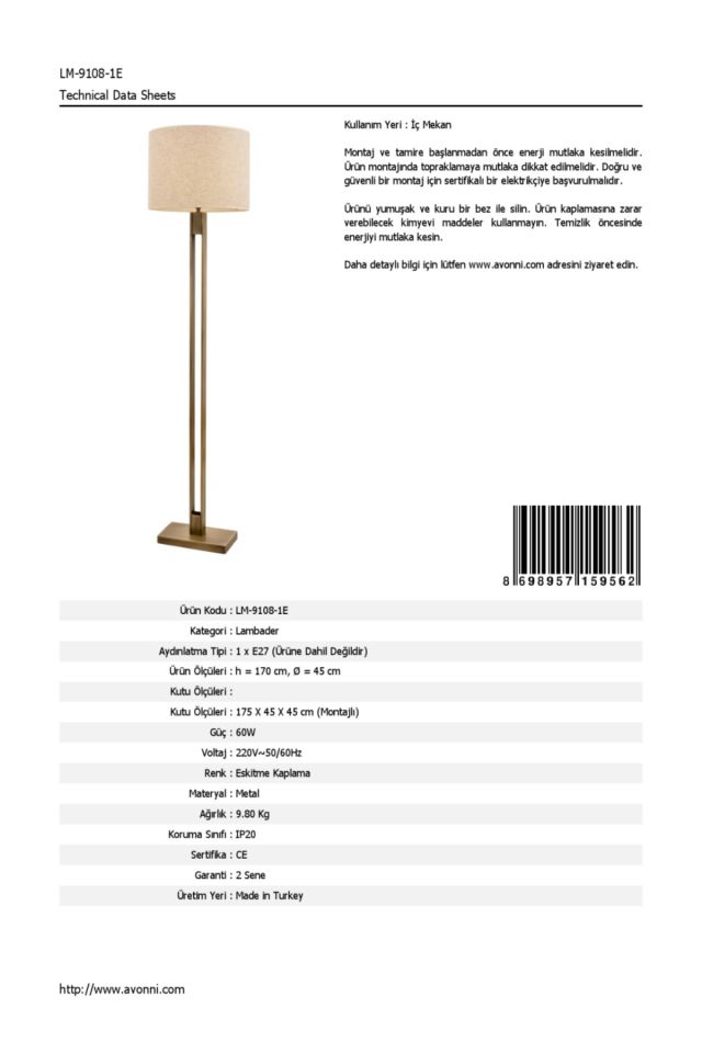 Sırık Lambader E27 12W 40cm Metal Eskitme Avonni-LM-9108-1E