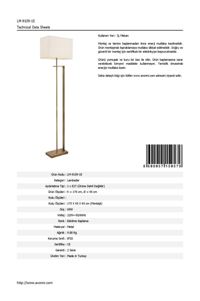 Sırık Lambader E27 12W 42x22cm Metal Eskitme Avonni-LM-9109-1E