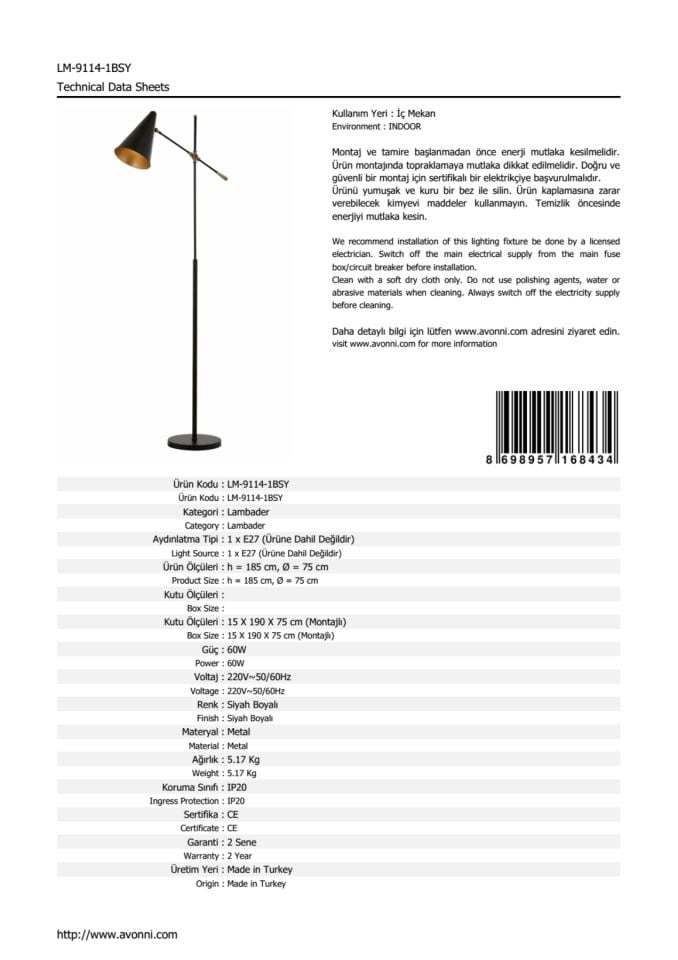 Megafon Lambader E27 12W 20x75cm Metal Siyah Avonni-LM-9114-1BSY